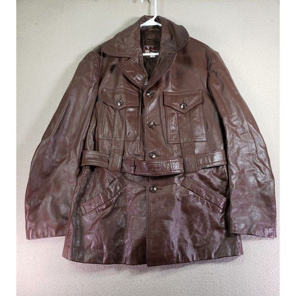 Vintage Meier & Frank Jacket 47 Brown Leather Collar Long Sleeve Belted Pockets - Picture 1 of 10